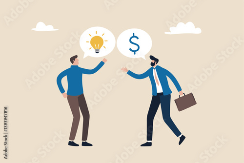 Venture capital, project pitching for funding or VC investment, selling idea for money or angel investment for startup project concept, young entrepreneur pitching idea to raise venture capital fund.