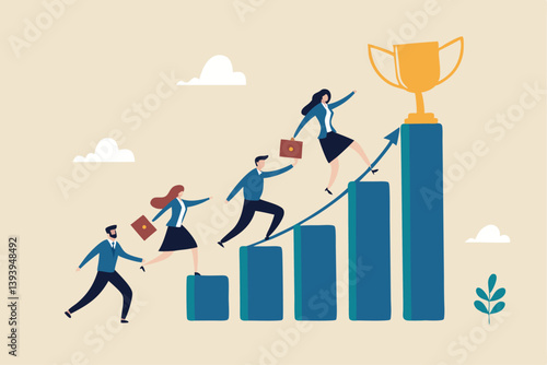 Growth to success, team achievement or teamwork to achieve target, career development or business strategy to win or victory, growing business concept, business people running up graph to trophy.