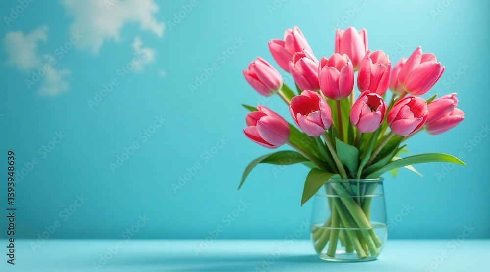 Fototapeta premium A vibrant bouquet of pink tulips arranged in a clear glass vase against a serene light blue backdrop, evoking feelings of springtime freshness and delicate beauty.