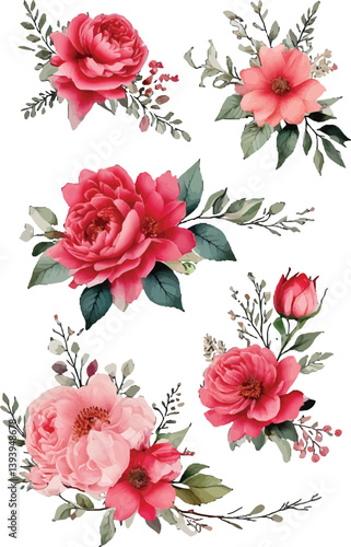 Beautiful pink and red rose floral arrangement with lush green leaves. Fresh and elegant floral bouquet featuring roses and soft pastel flowers. Vibrant rose bunch with greenery creating a chic floral