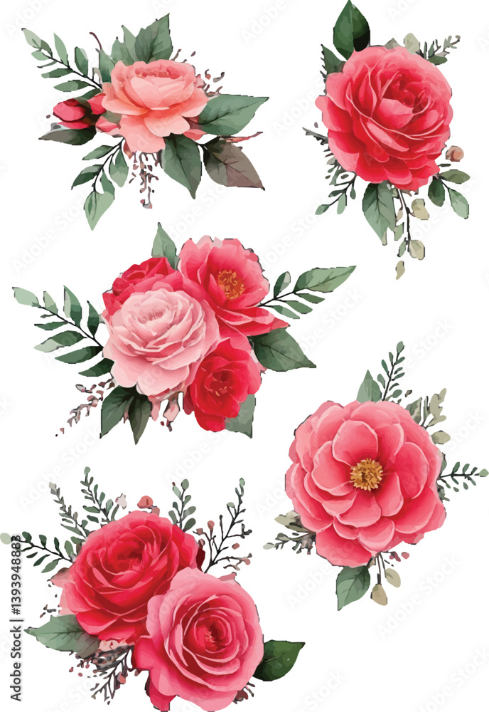 Fototapeta premium Floral clipart bundle with blooming roses and decorative leaves. Elegant flower illustrations in watercolor style for design projects. Romantic floral arrangement with pink blossoms and greenery