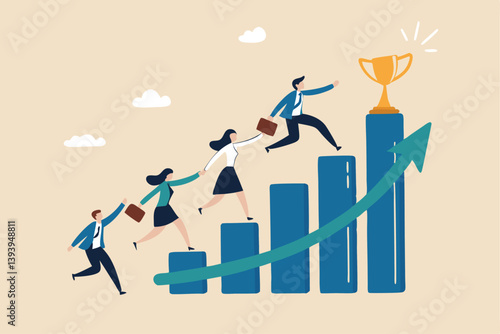 Growth to success, team achievement or teamwork to achieve target, career development or business strategy to win or victory, growing business concept, business people running up graph to trophy.