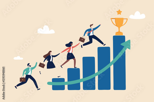 Growth to success, team achievement or teamwork to achieve target, career development or business strategy to win or victory, growing business concept, business people running up graph to trophy.
