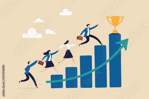 Growth to success, team achievement or teamwork to achieve target, career development or business strategy to win or victory, growing business concept, business people running up graph to trophy.