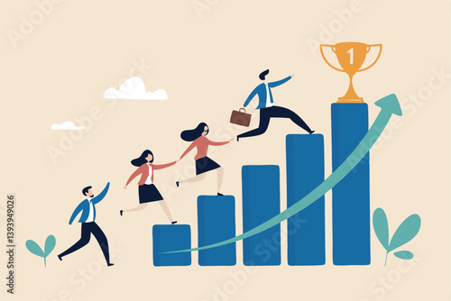 Growth to success, team achievement or teamwork to achieve target, career development or business strategy to win or victory, growing business concept, business people running up graph to trophy.