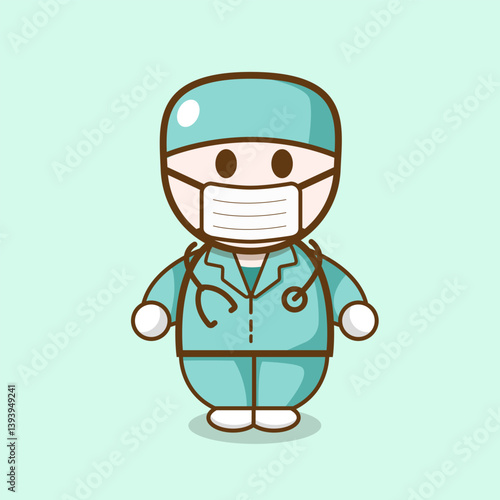 Cute doctor character wearing scrubs and mask