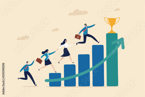 Growth to success, team achievement or teamwork to achieve target, career development or business strategy to win or victory, growing business concept, business people running up graph to trophy.