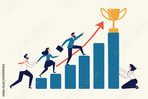 Growth to success, team achievement or teamwork to achieve target, career development or business strategy to win or victory, growing business concept, business people running up graph to trophy.