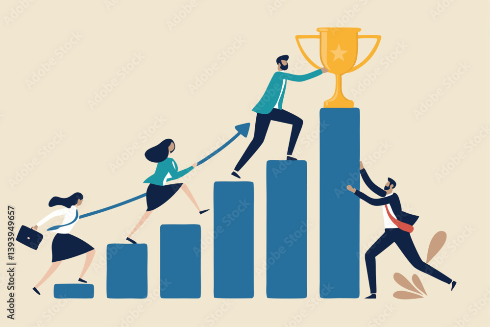 Growth to success, team achievement or teamwork to achieve target, career development or business strategy to win or victory, growing business concept, business people running up graph to trophy. Growth to success, team achievement or teamwork to achieve target, career development or business strategy to win or victory, growing business concept, business people running up graph to trophy.