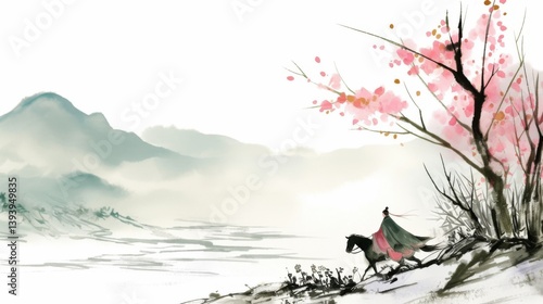 Chinese style freehand color ink painting illustration of a galloping horse