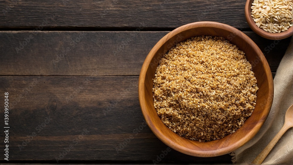 Rustic Still Life of Grain: Wooden Bowls Filled with Nutritious Bulgur on a Dark Wood Tabletop. Rustic Still Life of Grain: Wooden Bowls Filled with Nutritious Bulgur on a Dark Wood Tabletop.