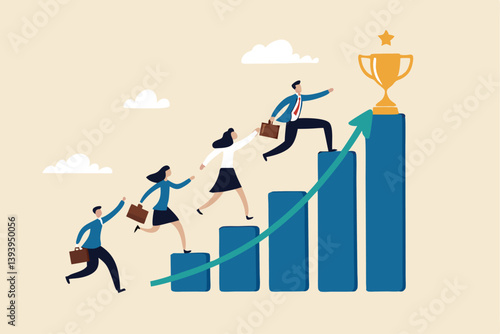 Growth to success, team achievement or teamwork to achieve target, career development or business strategy to win or victory, growing business concept, business people running up graph to trophy.