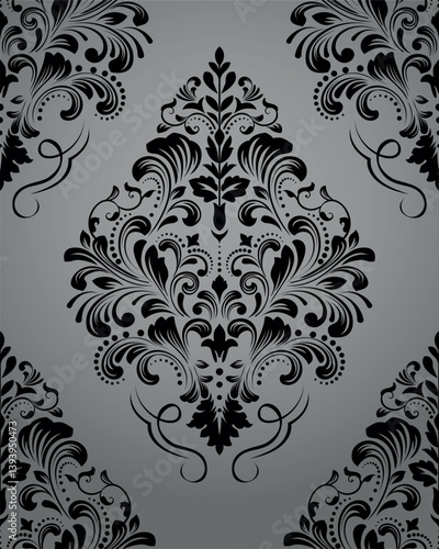 Wallpaper in the style of Baroque. Seamless vector background. Gray and black floral ornament. Graphic pattern for fabric, wallpaper, packaging. Ornate Damask flower ornament
