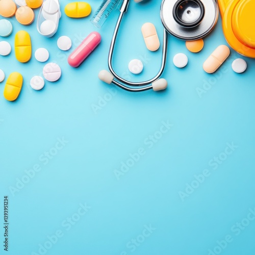 Assorted medication, colorful pills, capsules, stethoscope, syringe, healthcare concept, medical tools on blue background, pharmacy and treatment theme