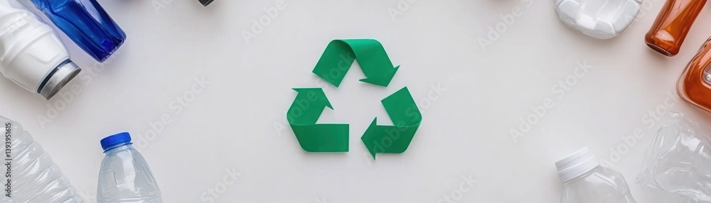 Fototapeta premium Green recycling symbol surrounded by plastic bottles on a light surface, promoting environmental awareness and sustainability concepts for eco-friendly living