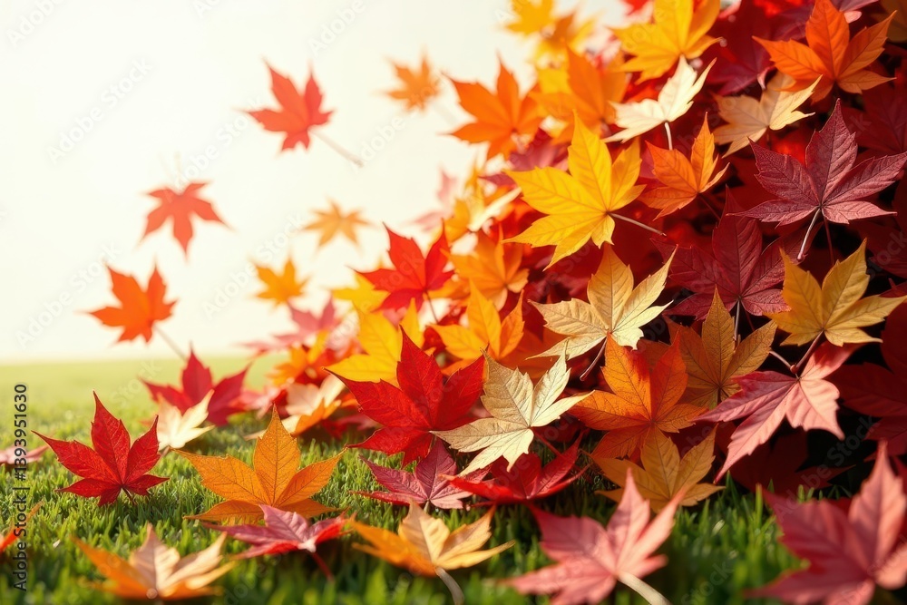 Autumnal foliage cascading onto vibrant green grass, displaying a spectrum of warm colors from fiery red to golden yellow, creating a picturesque seasonal scene Autumnal foliage cascading onto vibrant green grass, displaying a spectrum of warm colors from fiery red to golden yellow, creating a picturesque seasonal scene