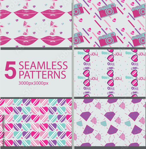 A bold Y2K Pop Icons and Celeb Glam seamless pattern bundle featuring flashy accessories, diva silhouettes, paparazzi vibes, and nostalgic 2000s glam — ideal for statement-making designs.