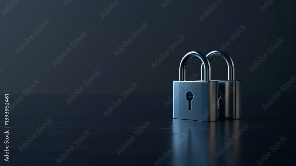 Fototapeta premium Two metallic padlocks on glossy dark surface symbolizing strength, security, and dual protection