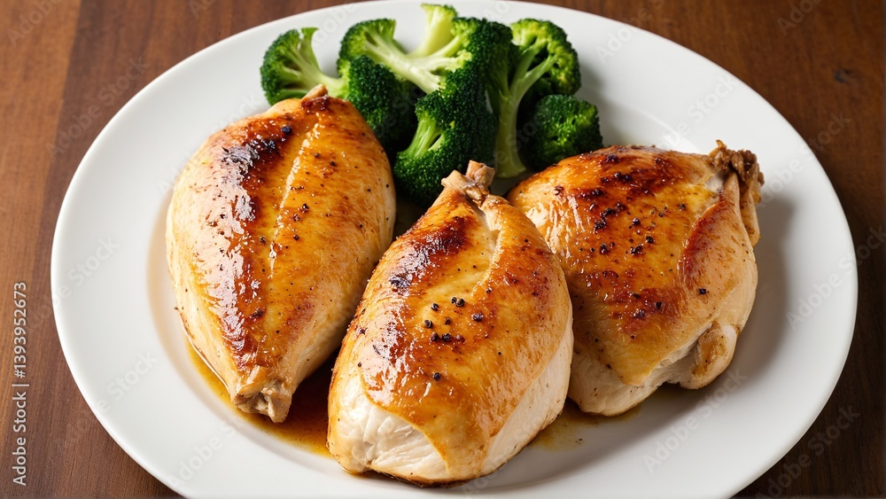 Golden Roasted Chicken Breast with Fresh Broccoli Florets: A Healthy and Delicious Meal on a Crisp White Plate. Golden Roasted Chicken Breast with Fresh Broccoli Florets: A Healthy and Delicious Meal on a Crisp White Plate.