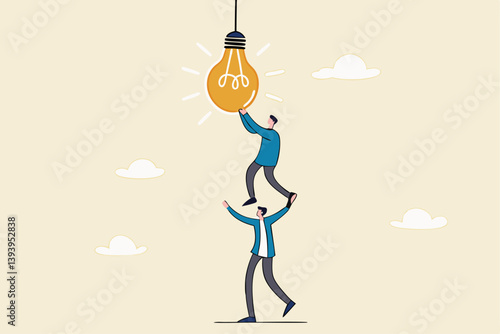 Partnership to success together, teamwork help get solution to solve problem, support to togetherness, collaboration and cooperation concept, businessman help support coworker to turn on lightbulb.