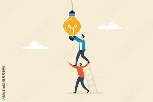 Partnership to success together, teamwork help get solution to solve problem, support to togetherness, collaboration and cooperation concept, businessman help support coworker to turn on lightbulb.