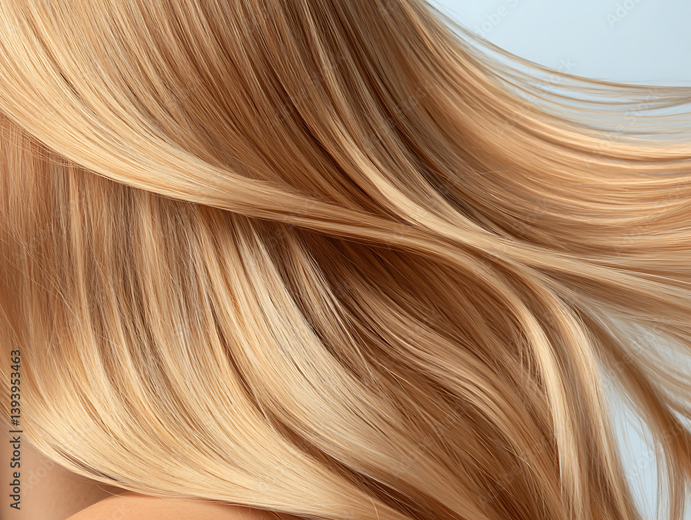 Naklejka premium Hair care techniques stunning long blonde hair indoor studio fashion photography soft lighting close-up beauty trends