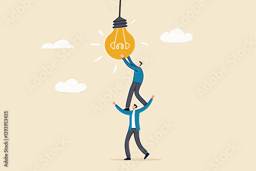 Partnership to success together, teamwork help get solution to solve problem, support to togetherness, collaboration and cooperation concept, businessman help support coworker to turn on lightbulb.