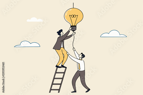 Partnership to success together, teamwork help get solution to solve problem, support to togetherness, collaboration and cooperation concept, businessman help support coworker to turn on lightbulb.