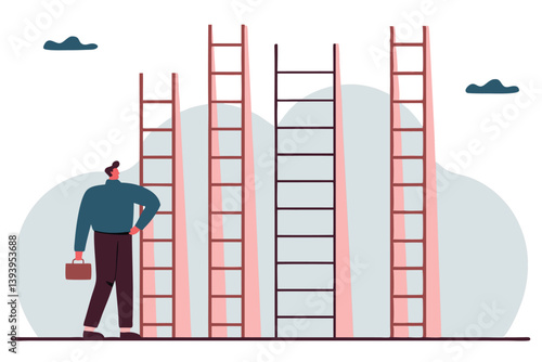 Choosing success ladder, difference career path, opportunity or various choices, challenge to choose best option, climb up ladder of success concept, businessman thinking to choose the right ladder.