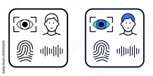 Multi-biometric access icon in color and outline style, combining fingerprint, face, iris, and voice recognition for secure identity verification and advanced user authentication.