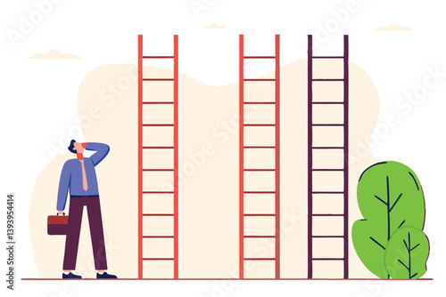 Choosing success ladder, difference career path, opportunity or various choices, challenge to choose best option, climb up ladder of success concept, businessman thinking to choose the right ladder.