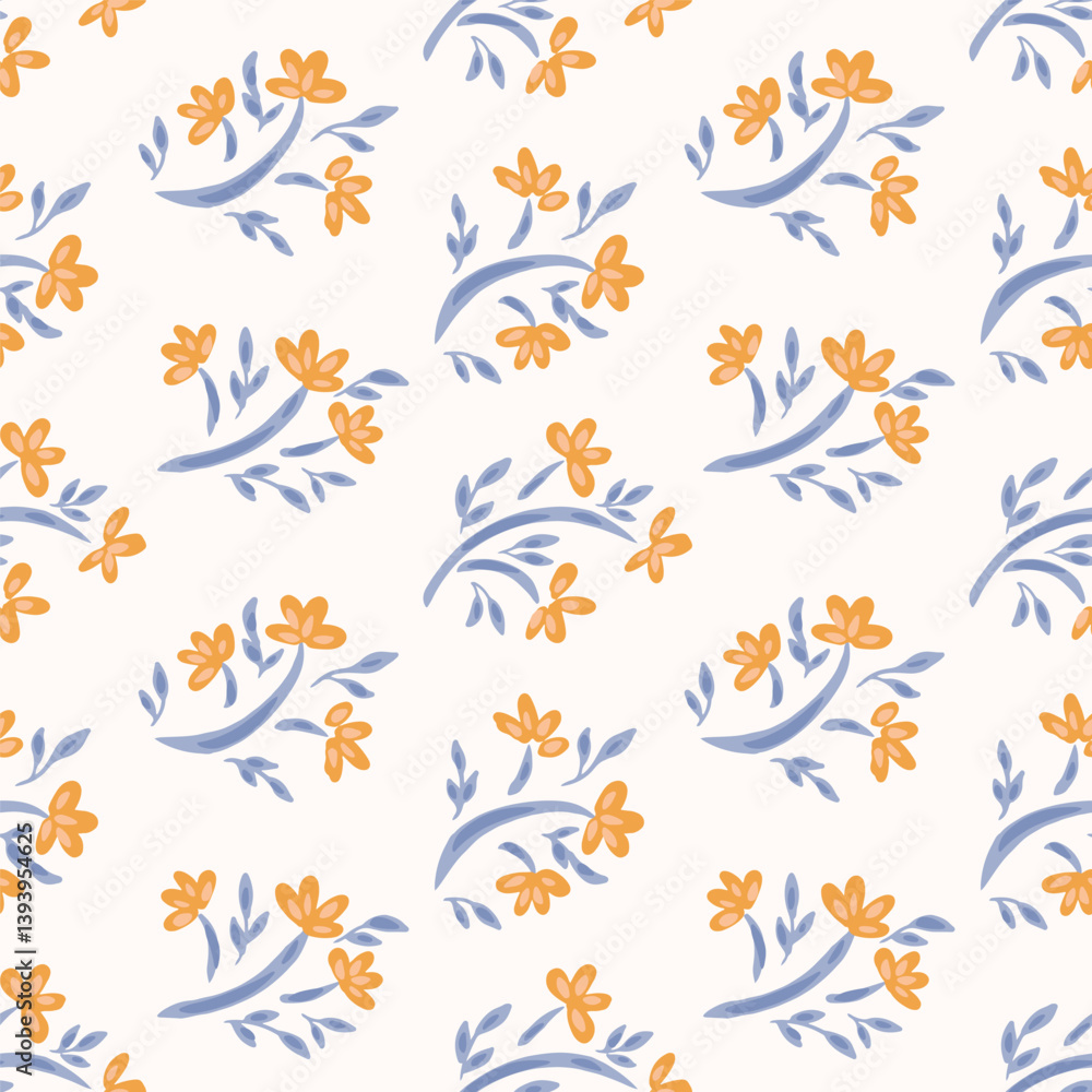 Hand painted abstract flower drapes forming a diagonal floral pattern in a color palette of orange, cream and blue on off white background. Seamless vector pattern. Great for home decor, fabric, gifts Hand painted abstract flower drapes forming a diagonal floral pattern in a color palette of orange, cream and blue on off white background. Seamless vector pattern. Great for home decor, fabric, gifts