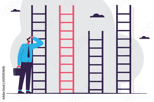 Choosing success ladder, difference career path, opportunity or various choices, challenge to choose best option, climb up ladder of success concept, businessman thinking to choose the right ladder.