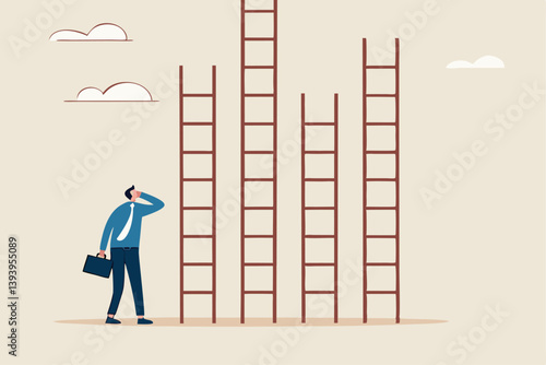Choosing success ladder, difference career path, opportunity or various choices, challenge to choose best option, climb up ladder of success concept, businessman thinking to choose the right ladder.