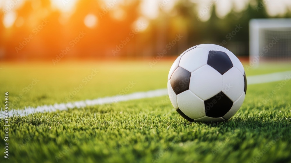 Fototapeta premium A black and white soccer ball rests on lush green grass near a goalpost, bathed in warm light as the sun sets in the background