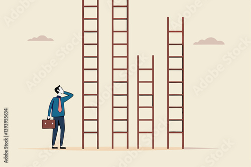 Choosing success ladder, difference career path, opportunity or various choices, challenge to choose best option, climb up ladder of success concept, businessman thinking to choose the right ladder.