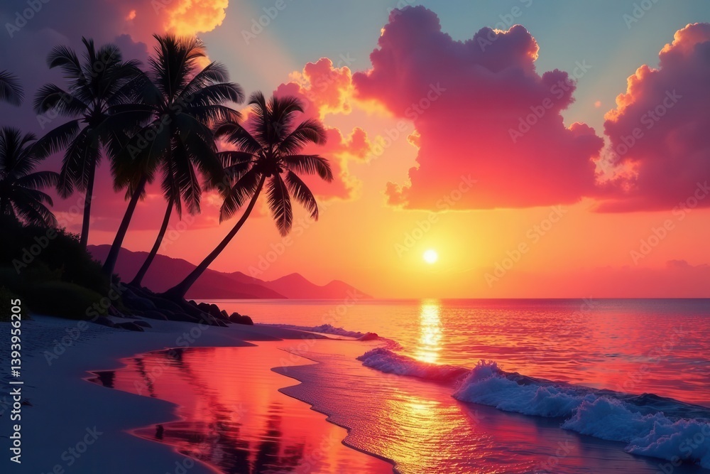 Serene Sunset Over Tropical Beach With Palm Trees Silhouetted Against Vibrant Sky Serene Sunset Over Tropical Beach With Palm Trees Silhouetted Against Vibrant Sky
