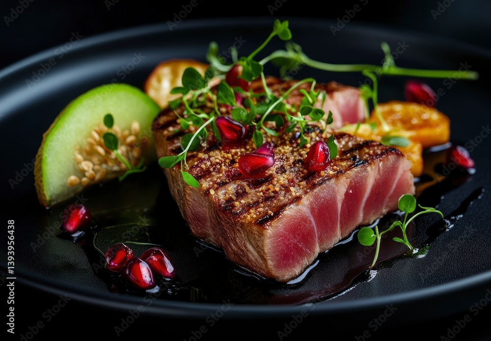 Grilled Tuna Steak Served with Pomegranate Seeds and Honeydew Melon