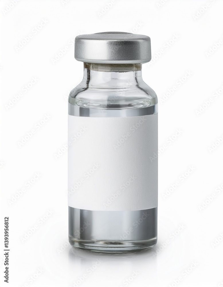 A clear glass vial with a silver cap, containing a colorless liquid, featuring a blank white label for potential labeling. A clear glass vial with a silver cap, containing a colorless liquid, featuring a blank white label for potential labeling.
