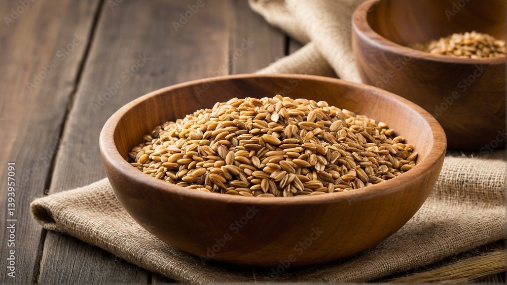 A Bowlful of Grains: Close-Up View of Wooden Bowls Filled with Wholesome Grains on a Rustic Wooden Surface. A Bowlful of Grains: Close-Up View of Wooden Bowls Filled with Wholesome Grains on a Rustic Wooden Surface.