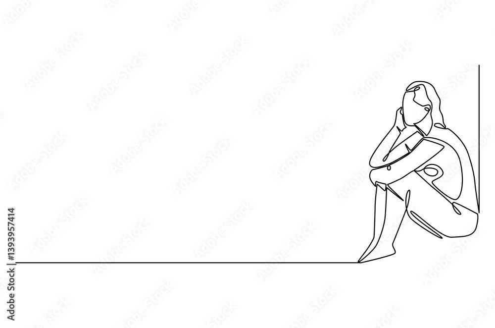Continuous one line drawing of young sad woman. Single line drawing illustration of woman crying. International Day for the Elimination of Violence against Women. Doodle line illustration. Continuous one line drawing of young sad woman. Single line drawing illustration of woman crying. International Day for the Elimination of Violence against Women. Doodle line illustration.