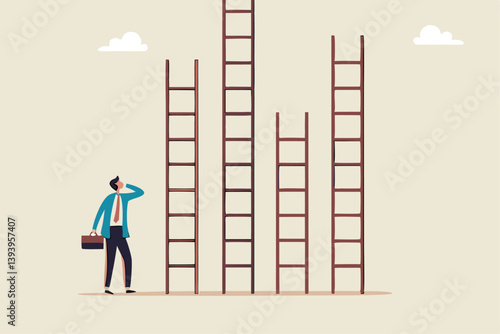 Choosing success ladder, difference career path, opportunity or various choices, challenge to choose best option, climb up ladder of success concept, businessman thinking to choose the right ladder.