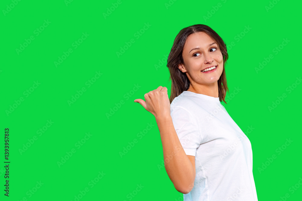 Smiling young woman gesturing confidently with her thumb pointing backward in front of a vibrant green backdrop during a cheerful indoor setting Smiling young woman gesturing confidently with her thumb pointing backward in front of a vibrant green backdrop during a cheerful indoor setting