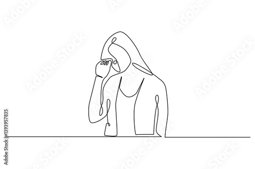 Continuous one line drawing of young sad woman. Single line drawing illustration of woman crying. International Day for the Elimination of Violence against Women. Doodle line illustration.