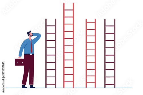 Choosing success ladder, difference career path, opportunity or various choices, challenge to choose best option, climb up ladder of success concept, businessman thinking to choose the right ladder.