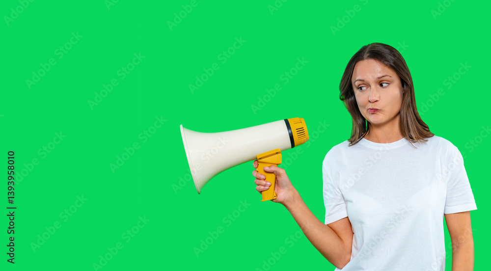 Woman holds a megaphone with a serious expression in front of a bright green background during a communication event Woman holds a megaphone with a serious expression in front of a bright green background during a communication event