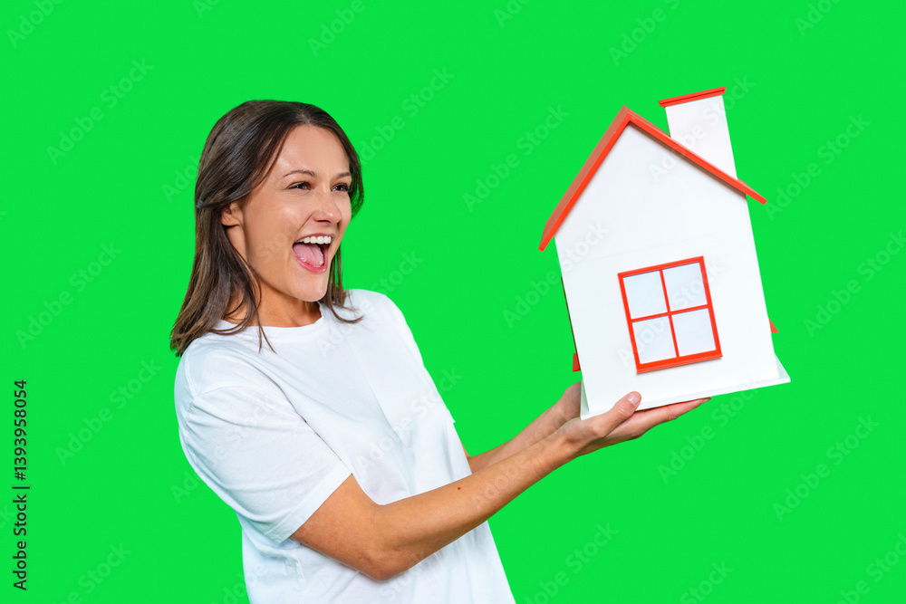 Woman joyfully holds a miniature house in front of a bright green background during a creative promotional activity focused on real estate or homeownership Woman joyfully holds a miniature house in front of a bright green background during a creative promotional activity focused on real estate or homeownership