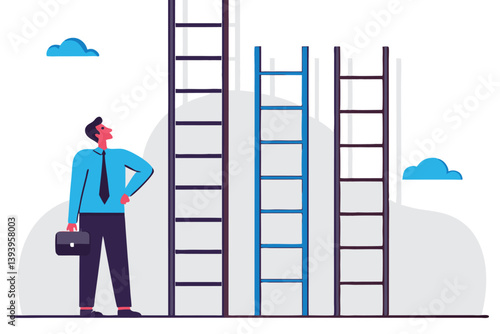 Choosing success ladder, difference career path, opportunity or various choices, challenge to choose best option, climb up ladder of success concept, businessman thinking to choose the right ladder.