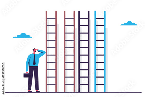 Choosing success ladder, difference career path, opportunity or various choices, challenge to choose best option, climb up ladder of success concept, businessman thinking to choose the right ladder.