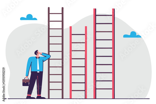 Choosing success ladder, difference career path, opportunity or various choices, challenge to choose best option, climb up ladder of success concept, businessman thinking to choose the right ladder.